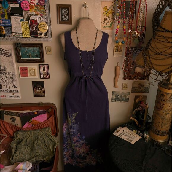 Eddie Bauer Henley Maxi Dress Women's XS Dark Purple Floral Print Drawstring - Picture 1 of 5